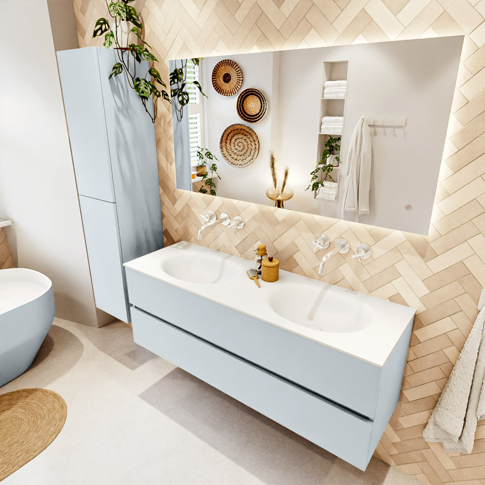 MONDIAZ VICA 140cm mueble de baño Clay 2 cajones. Lavabo MOON Doble sin orificio, color Talc. 1 MONDIAZ VICA 140cm mueble de baño Clay 2 cajones. Lavabo MOON Doble sin orificio