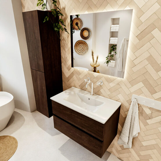 MONDIAZ VICA 80cm mueble de baño Dark Brown 2 cajones. Lavabo DENIA Centro 1 orificio color Blanco brillo con espejo LED.