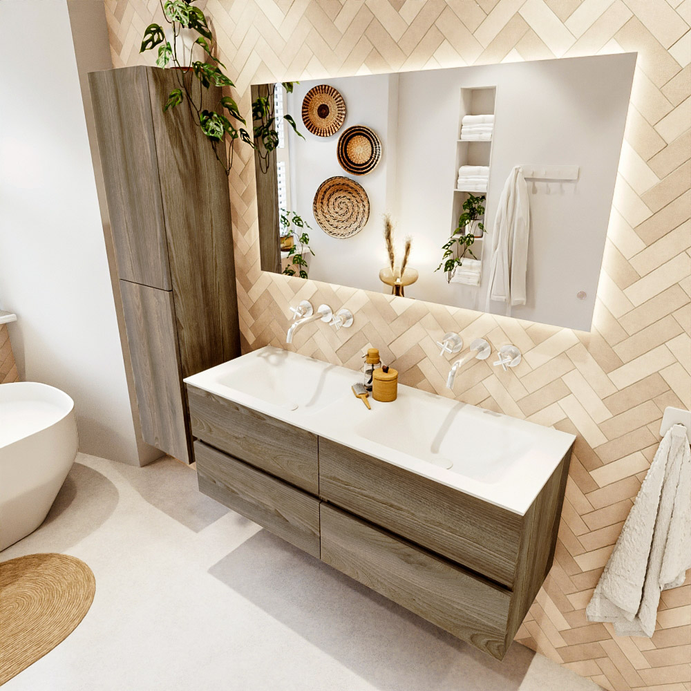 MONDIAZ VICA 130cm mueble de baño Dark Brown Grey 4 cajones. Lavabo CLOUD Doble sin orificio, color Talc. 1 MONDIAZ VICA 130cm mueble de baño Dark Brown Grey 4 cajones. Lavabo CLOUD Doble sin orificio
