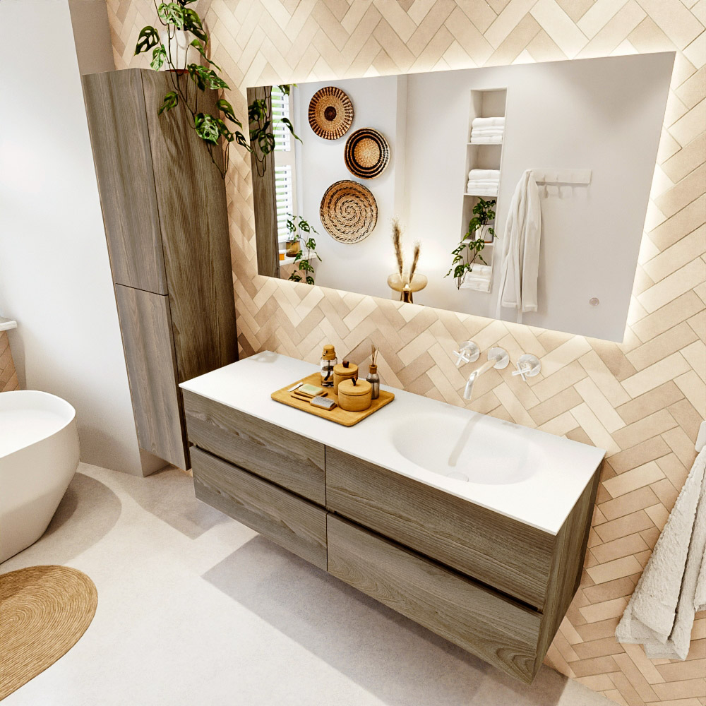 MONDIAZ VICA 140cm mueble de baño Dark Brown Grey 4 cajones. Lavabo MOON Derecho sin orificio, color Talc. 1 MONDIAZ VICA 140cm mueble de baño Dark Brown Grey 4 cajones. Lavabo MOON Derecho sin orificio
