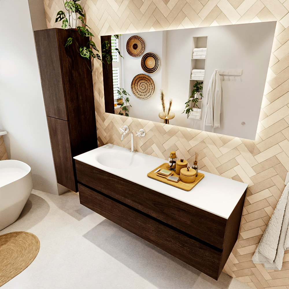 MONDIAZ VICA 140cm mueble de baño Dark Brown 2 cajones. Lavabo MOON Izquierda 1 orificio, color Talc. 1 MONDIAZ VICA 140cm mueble de baño Dark Brown 2 cajones. Lavabo MOON Izquierda 1 orificio