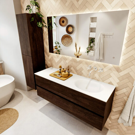 MONDIAZ VICA 140cm mueble de baño Dark Brown 2 cajones. Lavabo MOON Derecho sin orificio