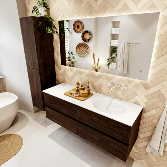 MONDIAZ VICA 140cm mueble de baño Dark Brown 4 cajones. Lavabo MOON Derecho sin orificio