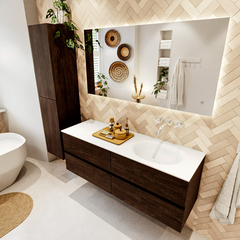 MONDIAZ VICA 140cm mueble de baño Dark Brown 4 cajones. Lavabo MOON Derecho sin orificio, color Talc. 1 MONDIAZ VICA 140cm mueble de baño Dark Brown 4 cajones. Lavabo MOON Derecho sin orificio