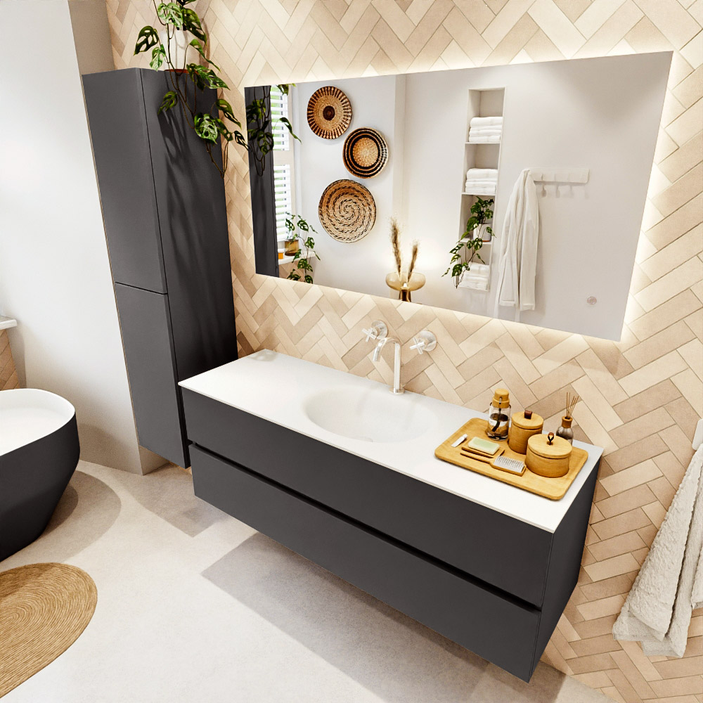 MONDIAZ VICA 140cm mueble de baño Dark Grey 2 cajones. Lavabo MOON Centro 1 orificio, color Talc. 1 MONDIAZ VICA 140cm mueble de baño Dark Grey 2 cajones. Lavabo MOON Centro 1 orificio