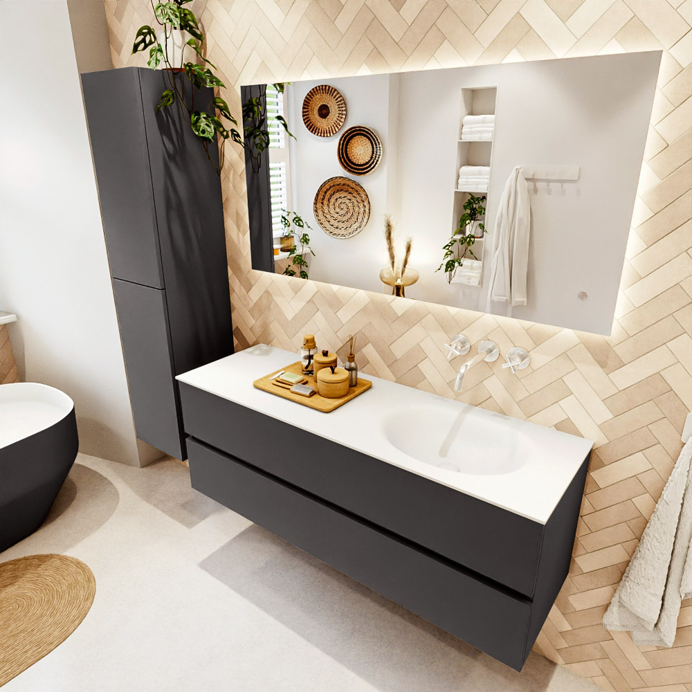 MONDIAZ VICA 140cm mueble de baño Dark Grey 2 cajones. Lavabo MOON Derecho sin orificio, color Talc. 1 MONDIAZ VICA 140cm mueble de baño Dark Grey 2 cajones. Lavabo MOON Derecho sin orificio