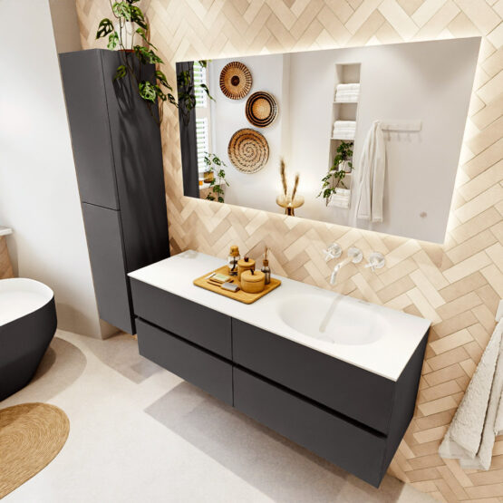 MONDIAZ VICA 140cm mueble de baño Dark Grey 4 cajones. Lavabo MOON Derecho sin orificio