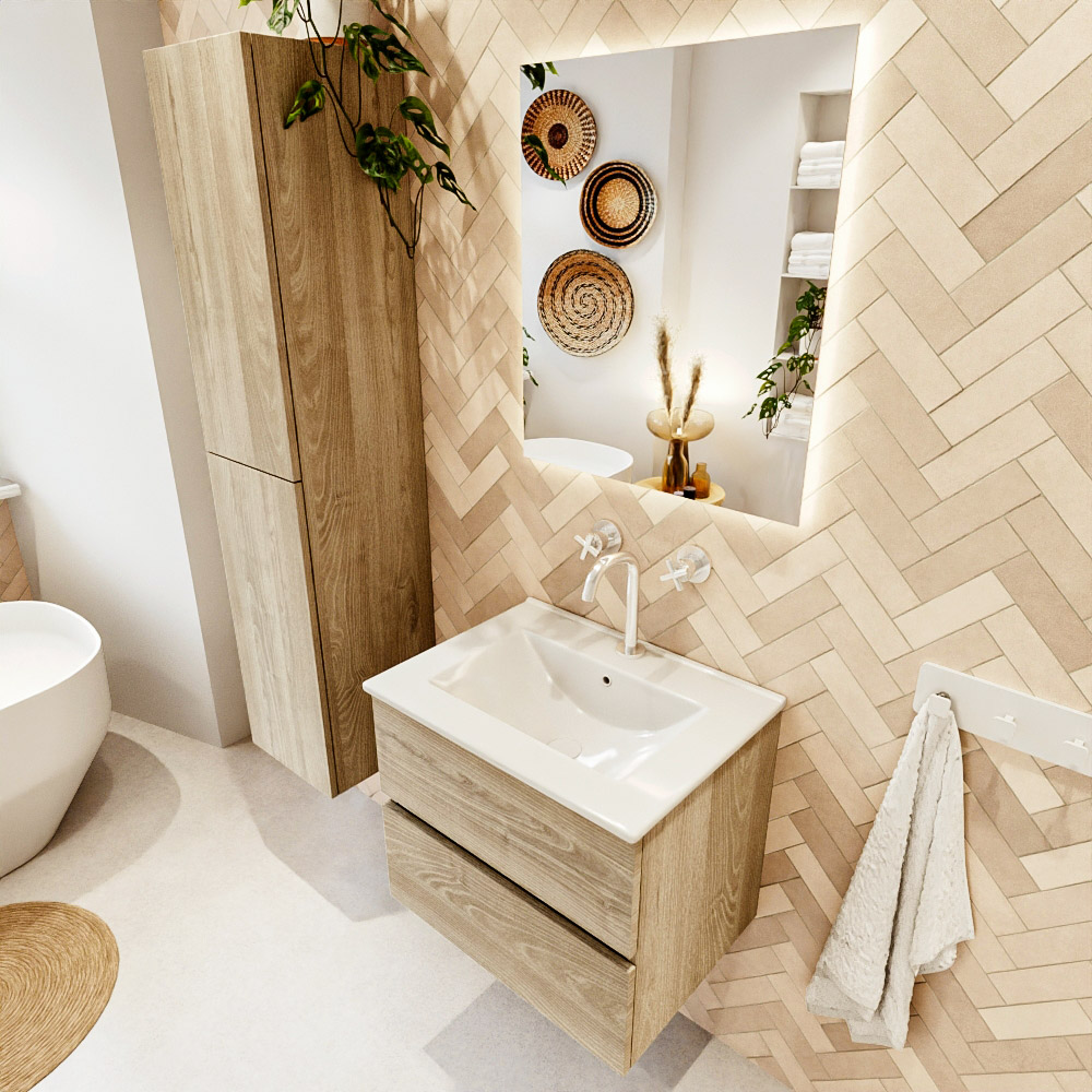 MONDIAZ VICA 60cm mueble de baño Light Brown Grey 2 cajones. Lavabo DENIA Centro 1 orificio color Blanco brillo con espejo LED. 1 MONDIAZ VICA 60cm mueble de baño Light Brown Grey 2 cajones. Lavabo DENIA Centro 1 orificio color Blanco brillo con espejo LED.