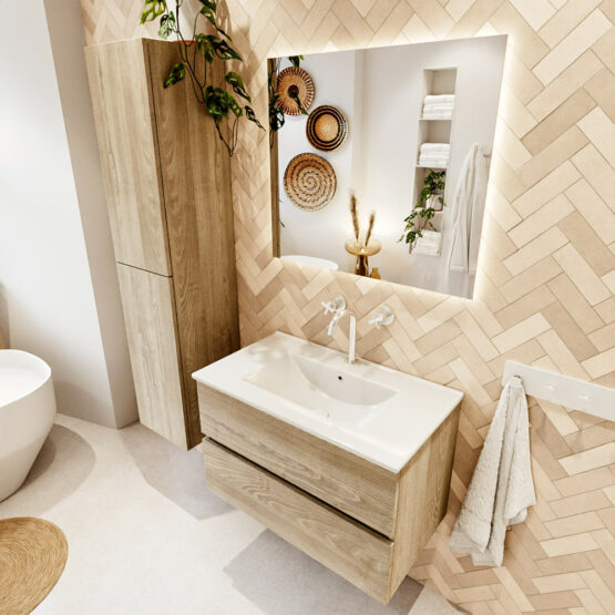 MONDIAZ VICA 80cm mueble de baño Light Brown Grey 2 cajones. Lavabo DENIA Centro 1 orificio color Blanco brillo con espejo LED.