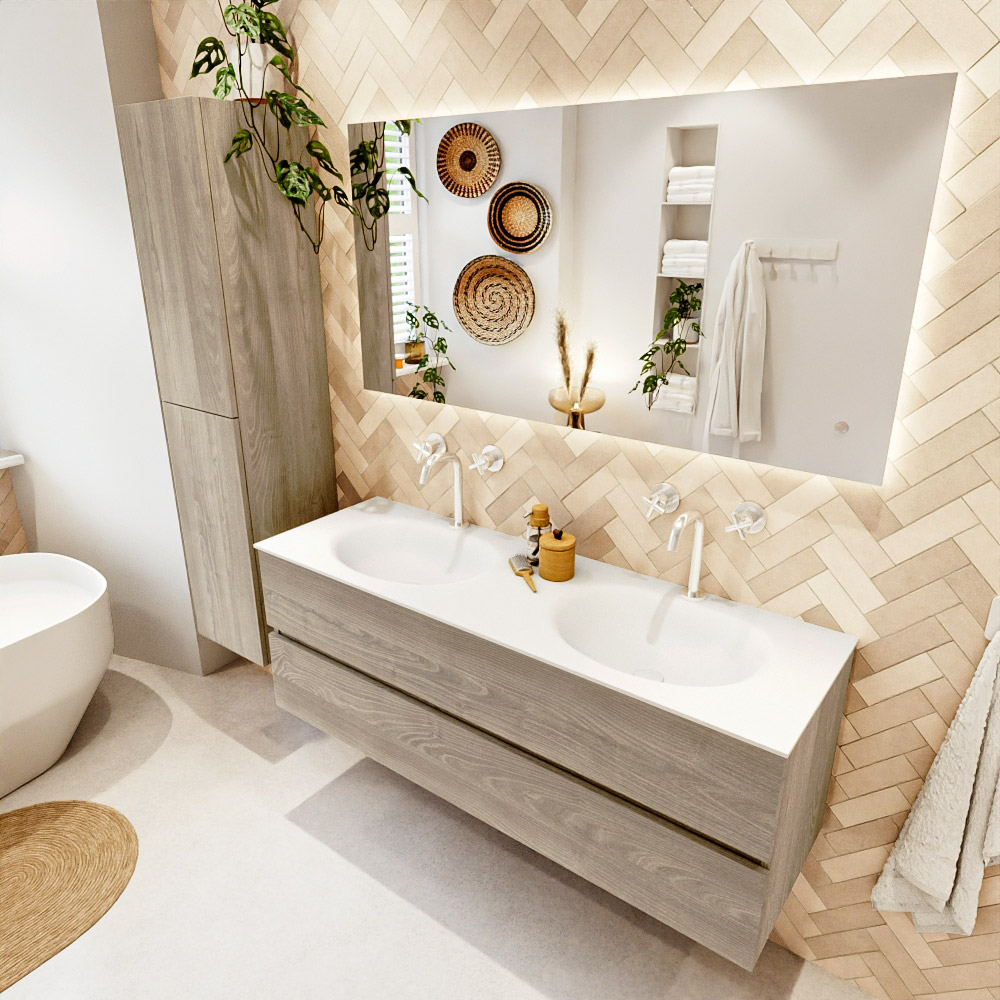 MONDIAZ VICA 140cm mueble de baño Light Brown Grey 2 cajones. Lavabo MOON Doble 2 orificios, color Talc. 1 MONDIAZ VICA 140cm mueble de baño Light Brown Grey 2 cajones. Lavabo MOON Doble 2 orificios