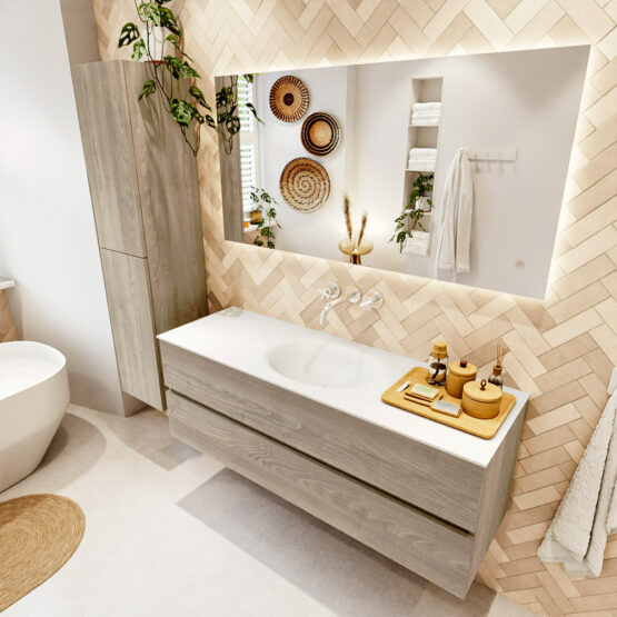 MONDIAZ VICA 140cm mueble de baño Light Brown Grey 2 cajones. Lavabo MOON Centro sin orificio