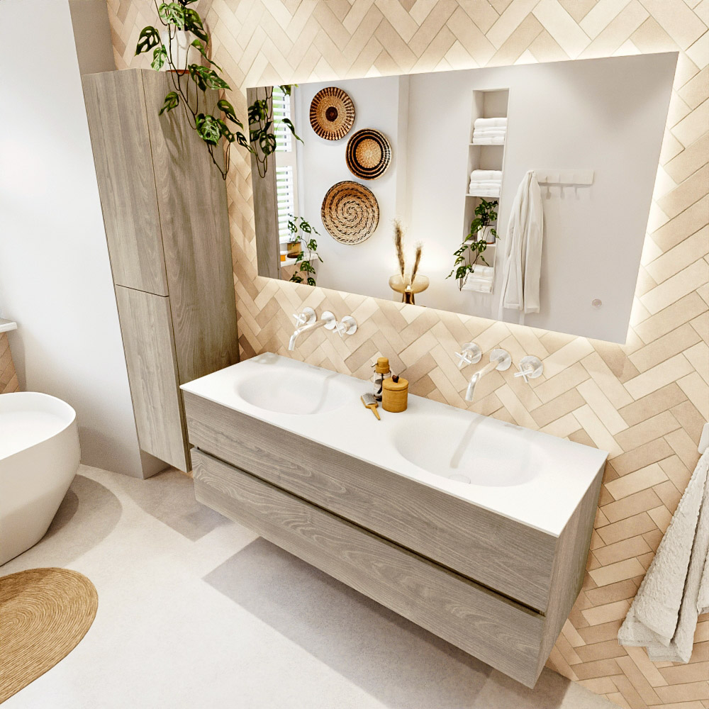 MONDIAZ VICA 140cm mueble de baño Light Brown Grey 2 cajones. Lavabo MOON Doble sin orificio, color Talc. 1 MONDIAZ VICA 140cm mueble de baño Light Brown Grey 2 cajones. Lavabo MOON Doble sin orificio