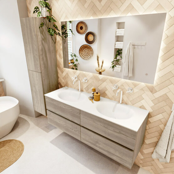 MONDIAZ VICA 140cm mueble de baño Light Brown Grey 4 cajones. Lavabo MOON Doble 2 orificios