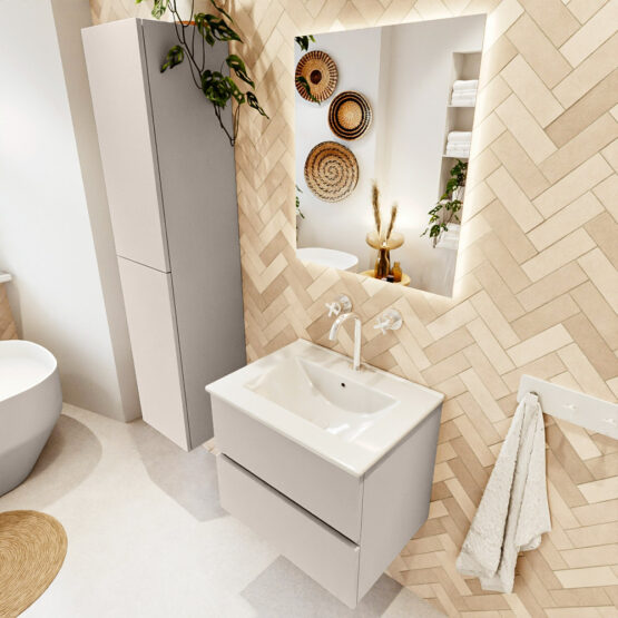 MONDIAZ VICA 60cm mueble de baño Linen 2 cajones. Lavabo DENIA Centro 1 orificio color Blanco brillo con espejo LED.