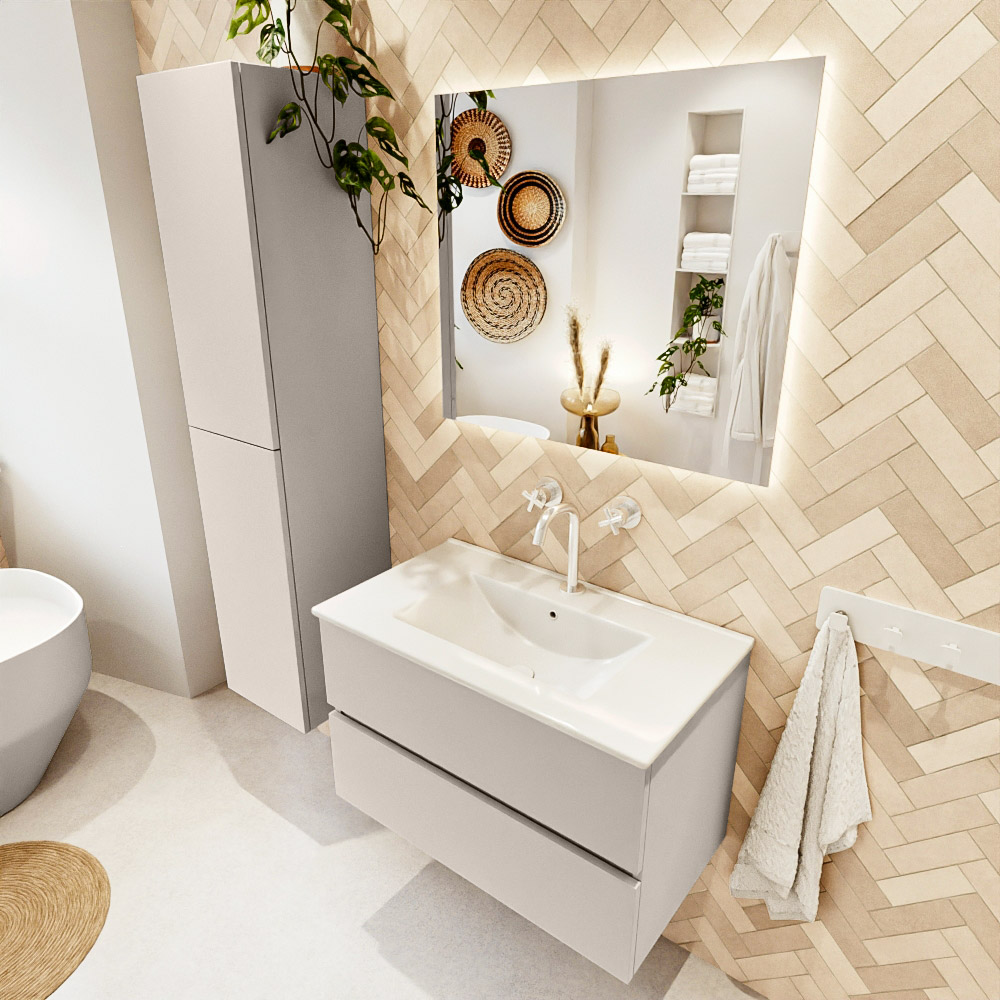 MONDIAZ VICA 80cm mueble de baño Linen 2 cajones. Lavabo DENIA Centro 1 orificio color Blanco brillo con espejo LED. 1 MONDIAZ VICA 80cm mueble de baño Linen 2 cajones. Lavabo DENIA Centro 1 orificio color Blanco brillo con espejo LED.