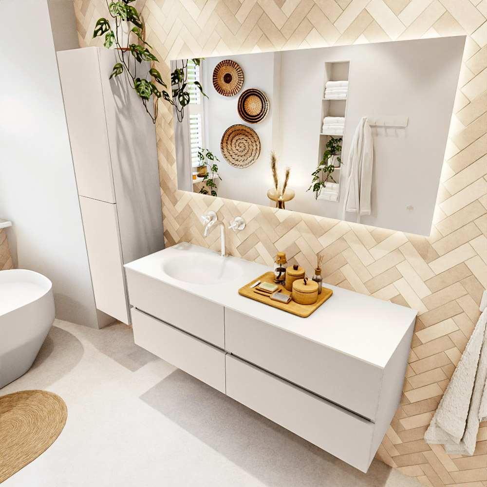 MONDIAZ VICA 140cm mueble de baño Linen 4 cajones. Lavabo MOON Izquierda 1 orificio, color Talc. 1 MONDIAZ VICA 140cm mueble de baño Linen 4 cajones. Lavabo MOON Izquierda 1 orificio
