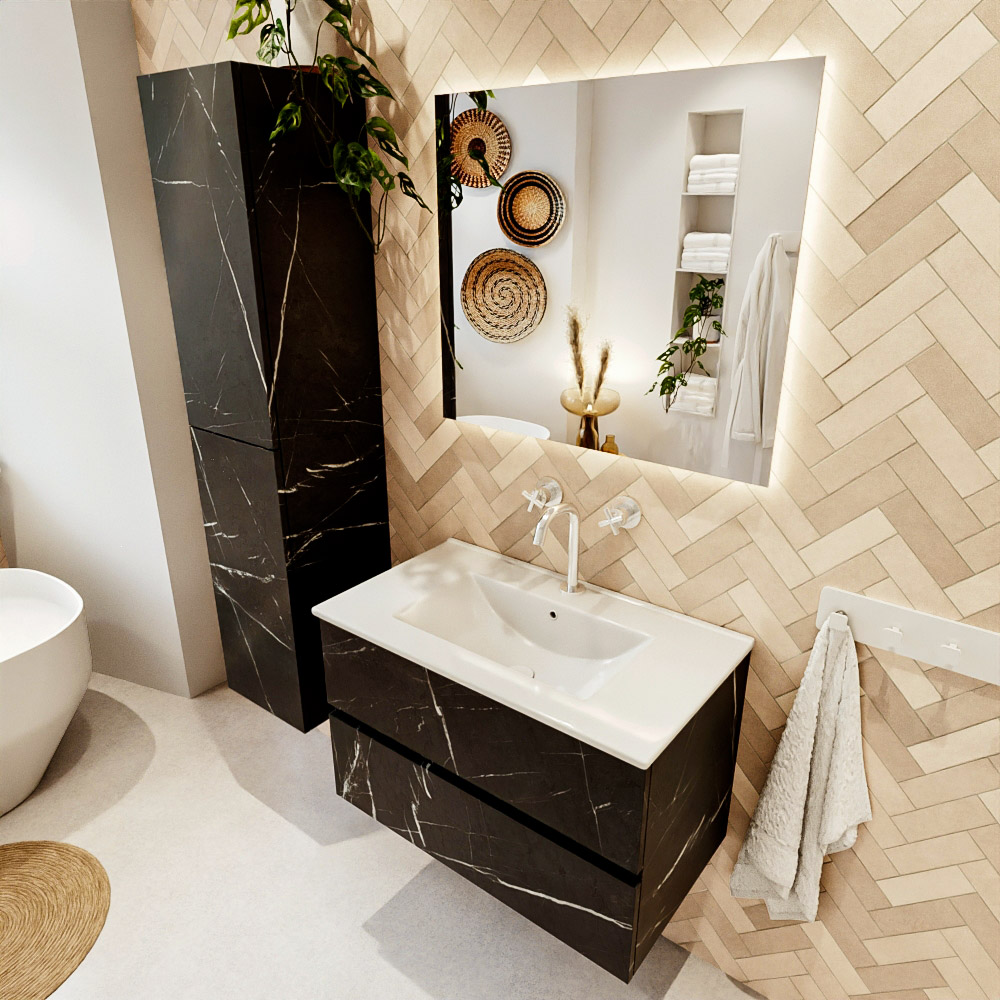 MONDIAZ VICA 80cm mueble de baño Marquina 2 cajones. Lavabo DENIA Centro 1 orificio color Blanco brillo con espejo LED. 1 MONDIAZ VICA 80cm mueble de baño Marquina 2 cajones. Lavabo DENIA Centro 1 orificio color Blanco brillo con espejo LED.