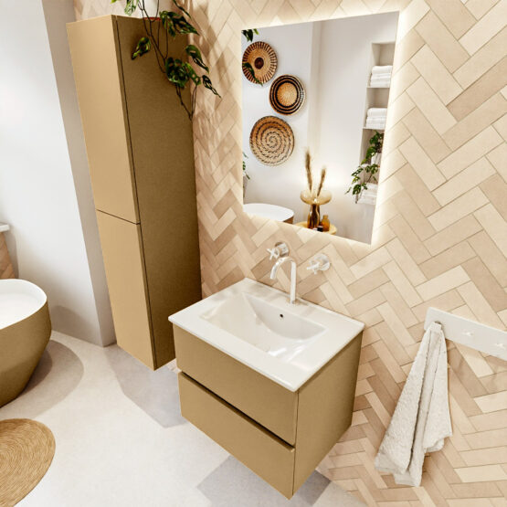 MONDIAZ VICA 60cm mueble de baño Oro 2 cajones. Lavabo DENIA Centro 1 orificio color Blanco brillo con espejo LED.