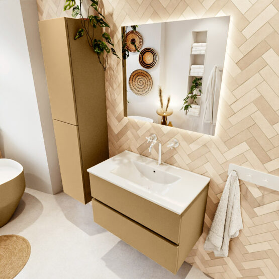 MONDIAZ VICA 80cm mueble de baño Oro 2 cajones. Lavabo DENIA Centro 1 orificio color Blanco brillo con espejo LED.
