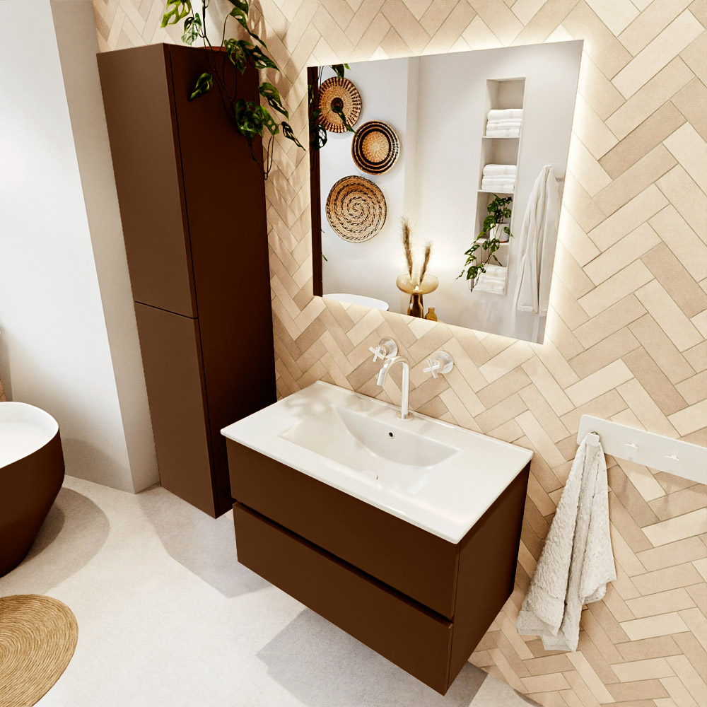 MONDIAZ VICA 80cm mueble de baño Rust 2 cajones. Lavabo DENIA Centro 1 orificio color Blanco brillo con espejo LED. 1 MONDIAZ VICA 80cm mueble de baño Rust 2 cajones. Lavabo DENIA Centro 1 orificio color Blanco brillo con espejo LED.