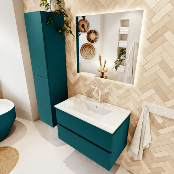 MONDIAZ VICA 80cm mueble de baño Smag 2 cajones. Lavabo DENIA Centro 1 orificio color Blanco brillo con espejo LED.