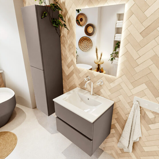 MONDIAZ VICA 60cm mueble de baño Smoke 2 cajones. Lavabo DENIA Centro 1 orificio color Blanco brillo con espejo LED.