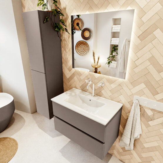 MONDIAZ VICA 80cm mueble de baño Smoke 2 cajones. Lavabo DENIA Centro 1 orificio color Blanco brillo con espejo LED.