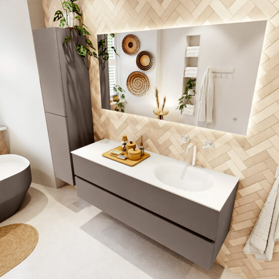 MONDIAZ VICA 140cm mueble de baño Smoke 2 cajones. Lavabo MOON Derecho 1 orificio