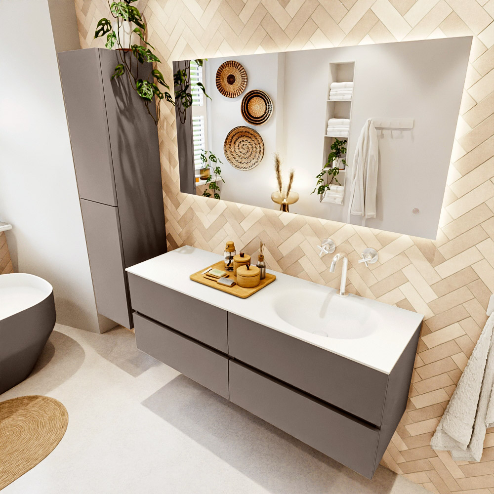 MONDIAZ VICA 140cm mueble de baño Smoke 4 cajones. Lavabo MOON Derecho 1 orificio, color Talc. 1 MONDIAZ VICA 140cm mueble de baño Smoke 4 cajones. Lavabo MOON Derecho 1 orificio