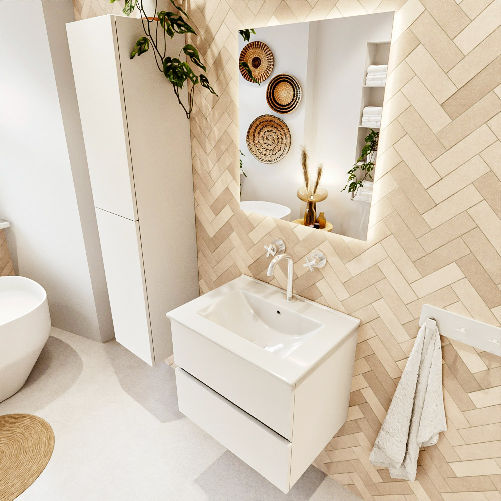 MONDIAZ VICA 60cm mueble de baño Talc 2 cajones. Lavabo DENIA Centro 1 orificio color Blanco brillo con espejo LED. 1 MONDIAZ VICA 60cm mueble de baño Talc 2 cajones. Lavabo DENIA Centro 1 orificio color Blanco brillo con espejo LED.