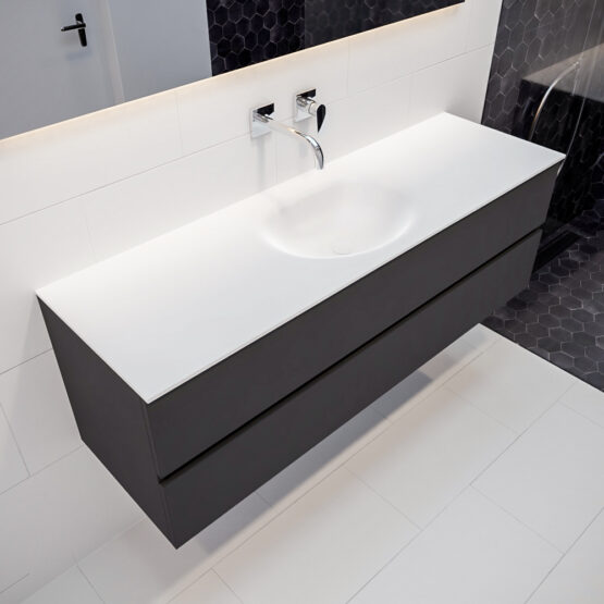 MONDIAZ VICA 150cm mueble de baño Dark Grey 2 cajones lavabo MOON Centro sin orificio con espejo LED.