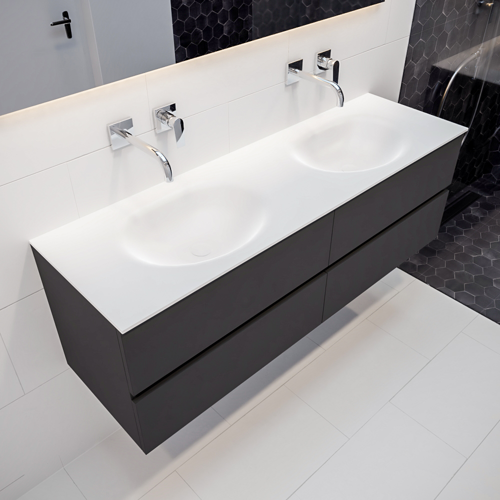 MONDIAZ VICA 150cm mueble de baño Dark Grey 4 cajones lavabo MOON Doble sin orificio con espejo LED. 1 MONDIAZ VICA 150cm mueble de baño Dark Grey 4 cajones lavabo MOON Doble sin orificio con espejo LED.