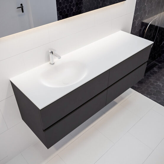 MONDIAZ VICA 150cm mueble de baño Dark Grey 4 cajones lavabo MOON Izquierda 1 orificio con espejo LED.