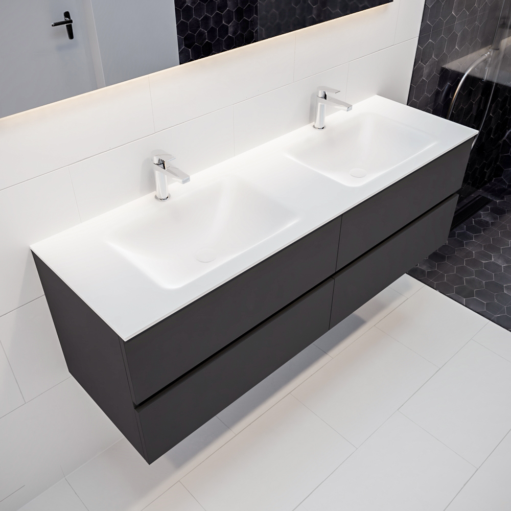 MONDIAZ VICA 150cm mueble de baño Dark Grey 4 cajones lavabo CLOUD Doble 2 orificios con espejo LED. 1 MONDIAZ VICA 150cm mueble de baño Dark Grey 4 cajones lavabo CLOUD Doble 2 orificios con espejo LED.