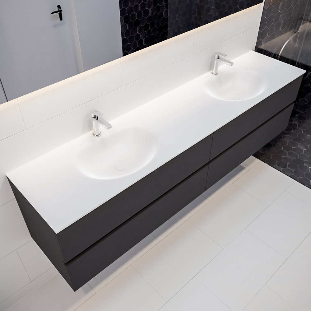 MONDIAZ VICA 200cm mueble de baño Dark Grey 4 cajones lavabo MOON Doble 2 orificios con espejo LED. 1 MONDIAZ VICA 200cm mueble de baño Dark Grey 4 cajones lavabo MOON Doble 2 orificios con espejo LED.