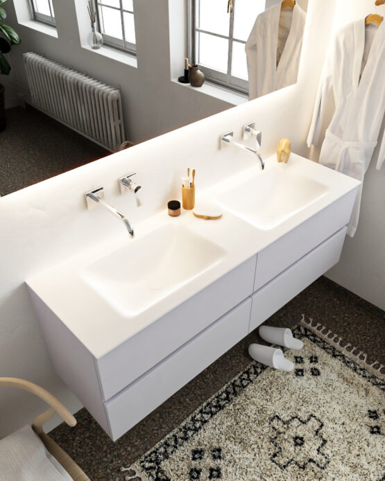 MONDIAZ VICA 150cm mueble de baño Cale 4 cajones lavabo CLOUD Doble sin orificio con espejo LED.