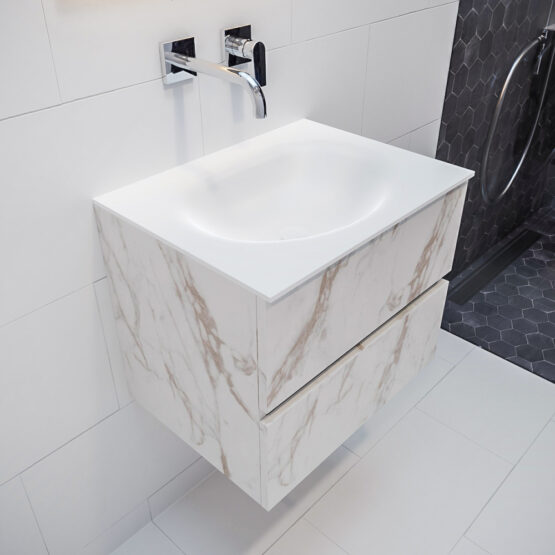MONDIAZ VICA 60cm mueble de baño Carrara 2 cajones lavabo MOON Centro sin orificio con espejo LED.