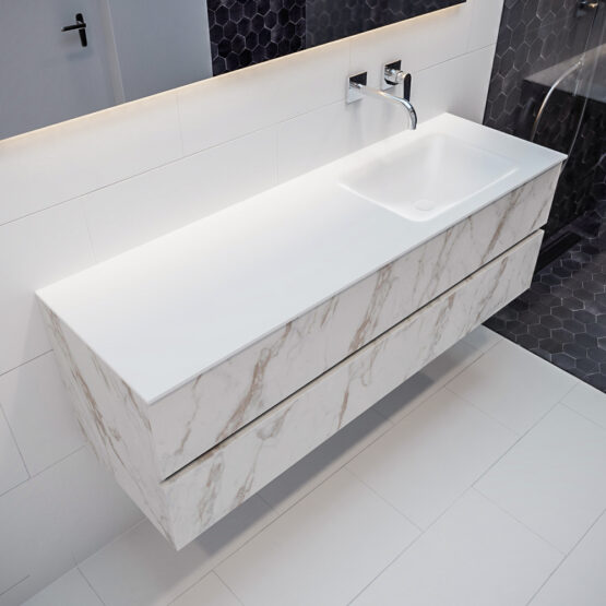 MONDIAZ VICA 150cm mueble de baño Carrara 2 cajones lavabo CLOUD Derecho sin orificio con espejo LED.