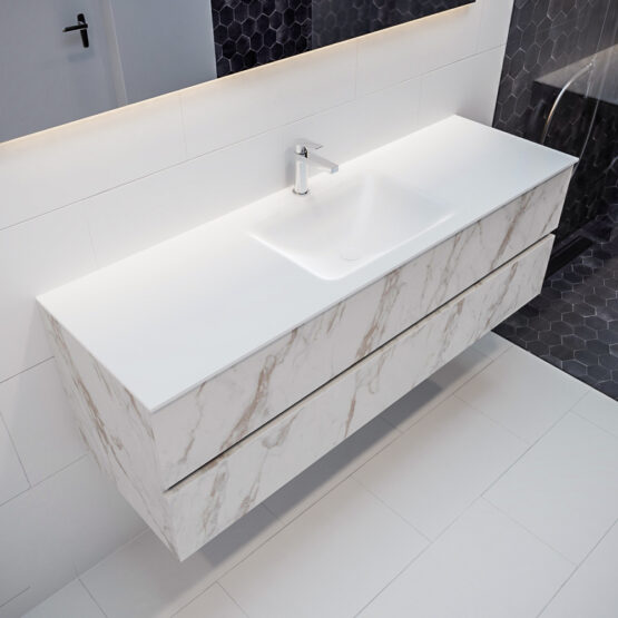 MONDIAZ VICA 150cm mueble de baño Carrara 2 cajones lavabo CLOUD Centro 1 orificio con espejo LED.