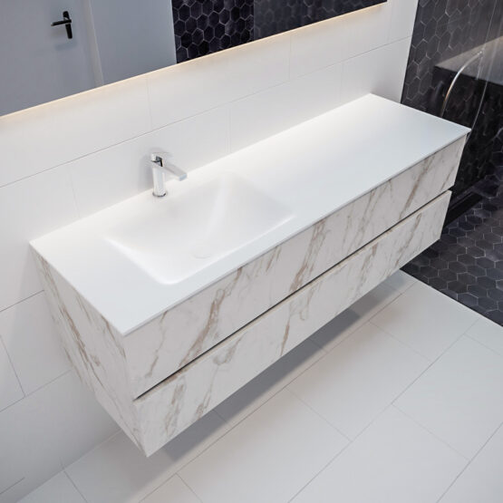 MONDIAZ VICA 150cm mueble de baño Carrara 2 cajones lavabo CLOUD Izquierda 1 orificio con espejo LED.