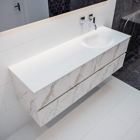 MONDIAZ VICA 150cm mueble de baño Carrara 4 cajones lavabo MOON Derecho sin orificio con espejo LED.