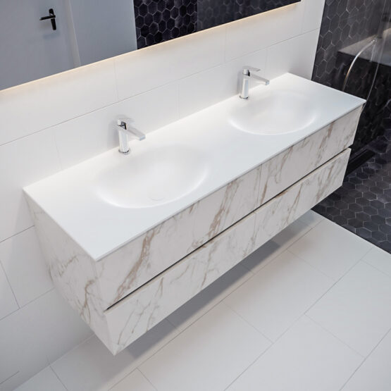 MONDIAZ VICA 150cm mueble de baño Carrara 4 cajones lavabo MOON Doble 2 orificios con espejo LED.