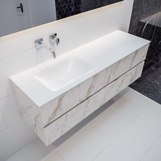 MONDIAZ VICA 150cm mueble de baño Carrara 4 cajones lavabo CLOUD Izquierda sin orificio con espejo LED.