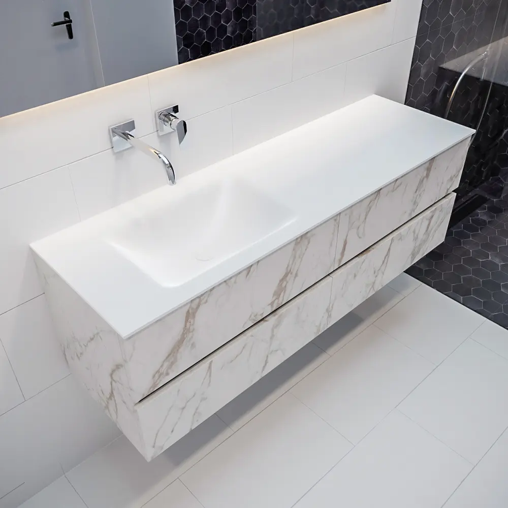 MONDIAZ VICA 150cm mueble de baño Carrara 4 cajones lavabo CLOUD Izquierda sin orificio con espejo LED.