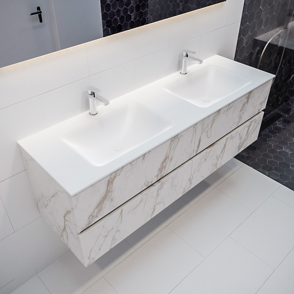 MONDIAZ VICA 150cm mueble de baño Carrara 4 cajones lavabo CLOUD Doble 2 orificios con espejo LED. 1 MONDIAZ VICA 150cm mueble de baño Carrara 4 cajones lavabo CLOUD Doble 2 orificios con espejo LED.