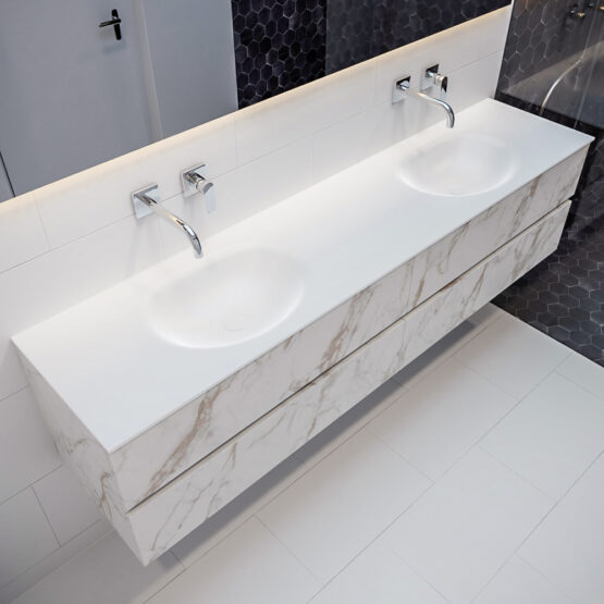MONDIAZ VICA 200cm mueble de baño Carrara 4 cajones lavabo MOON Doble sin orificio con espejo LED.