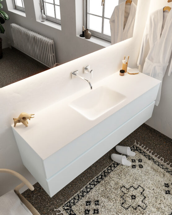 MONDIAZ VICA 150cm mueble de baño Clay 2 cajones lavabo CLOUD Centro sin orificio con espejo LED.