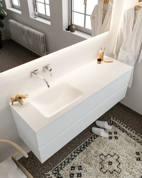 MONDIAZ VICA 150cm mueble de baño Clay 2 cajones lavabo CLOUD Izquierda sin orificio con espejo LED.