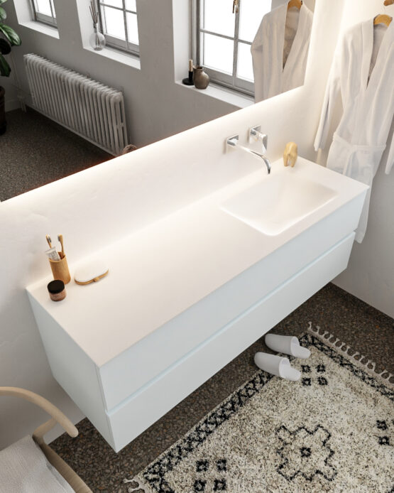MONDIAZ VICA 150cm mueble de baño Clay 2 cajones lavabo CLOUD Derecho sin orificio con espejo LED.