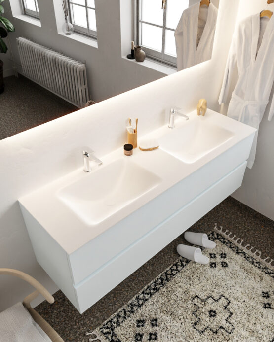 MONDIAZ VICA 150cm mueble de baño Clay 2 cajones lavabo CLOUD Doble 2 orificios con espejo LED.